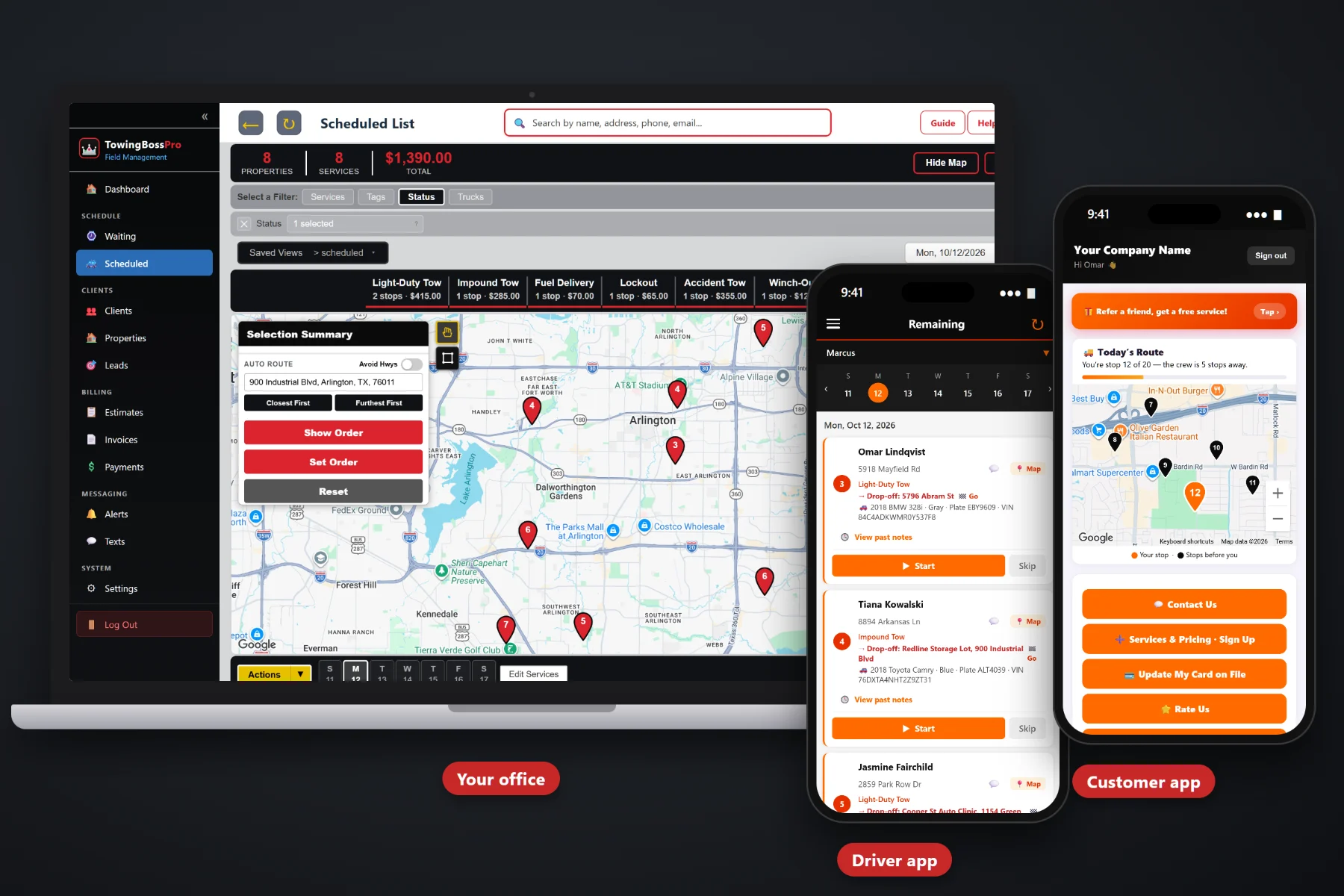 TowingBossPro on a laptop showing the call waiting list and dispatch map, with the driver app and the customer app on two phones